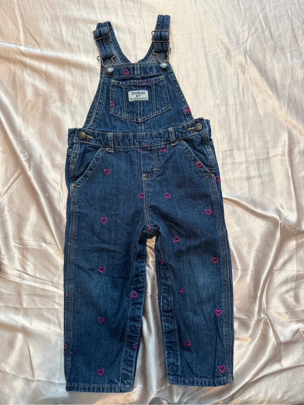 OshKosh B'gosh Navy Denim Overalls with Pink Heart Accents